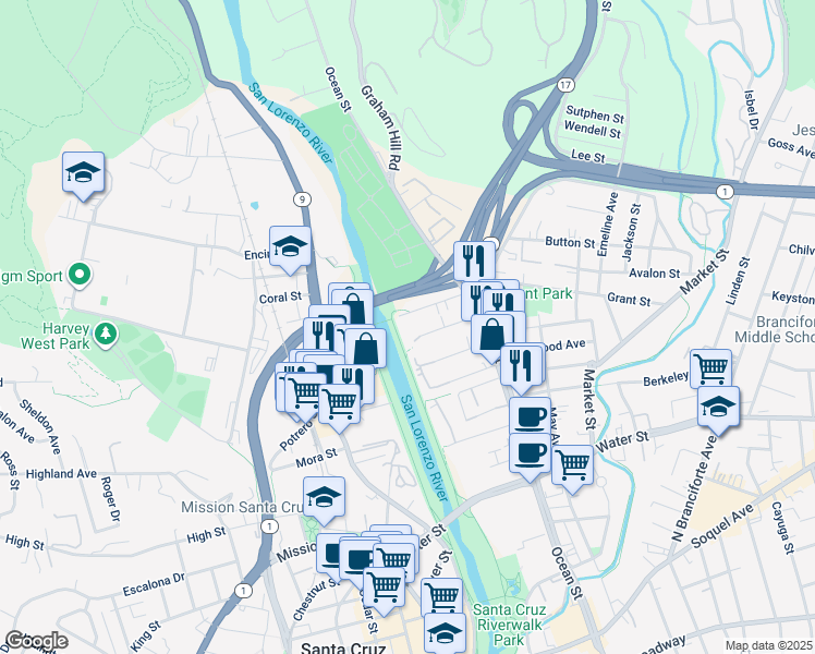 map of restaurants, bars, coffee shops, grocery stores, and more near 168 Pryce Street in Santa Cruz