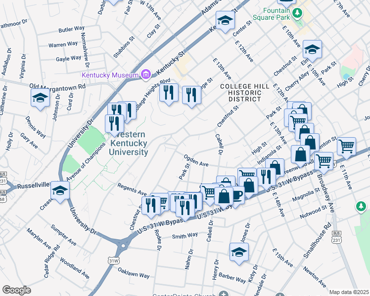 map of restaurants, bars, coffee shops, grocery stores, and more near 1701-1711 Ogden Avenue in Bowling Green