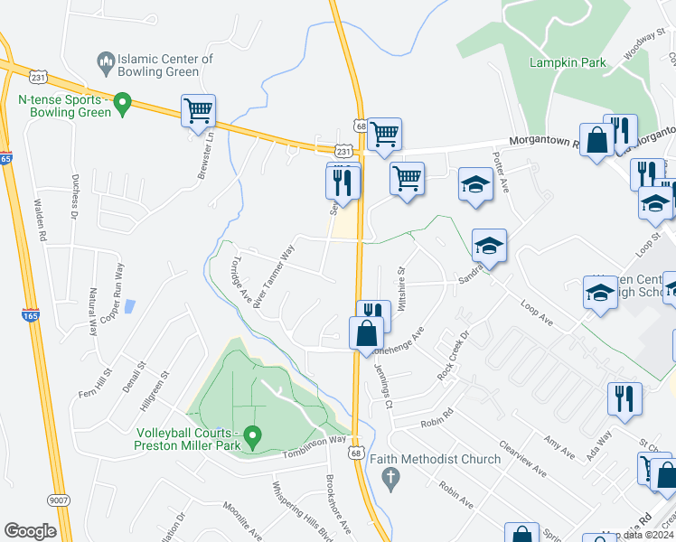 map of restaurants, bars, coffee shops, grocery stores, and more near Audley Avenue in Bowling Green