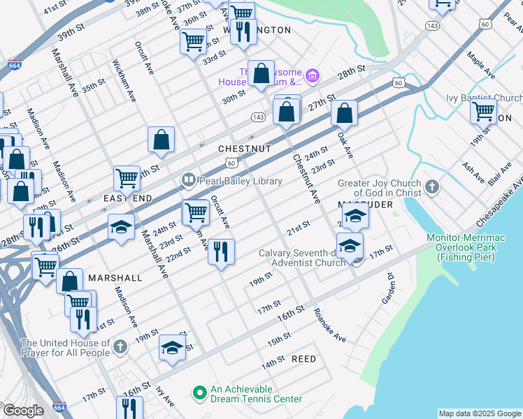 map of restaurants, bars, coffee shops, grocery stores, and more near 2201 Roanoke Avenue in Newport News