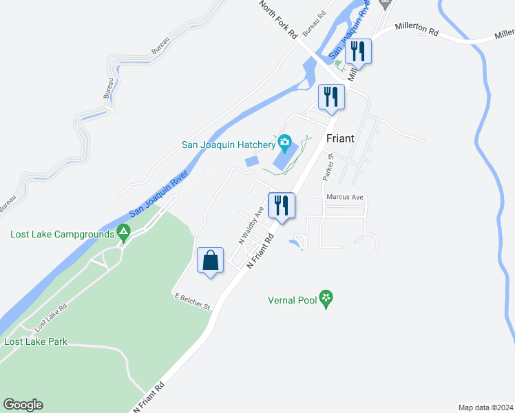 map of restaurants, bars, coffee shops, grocery stores, and more near 17137 North Waldby Avenue in Friant