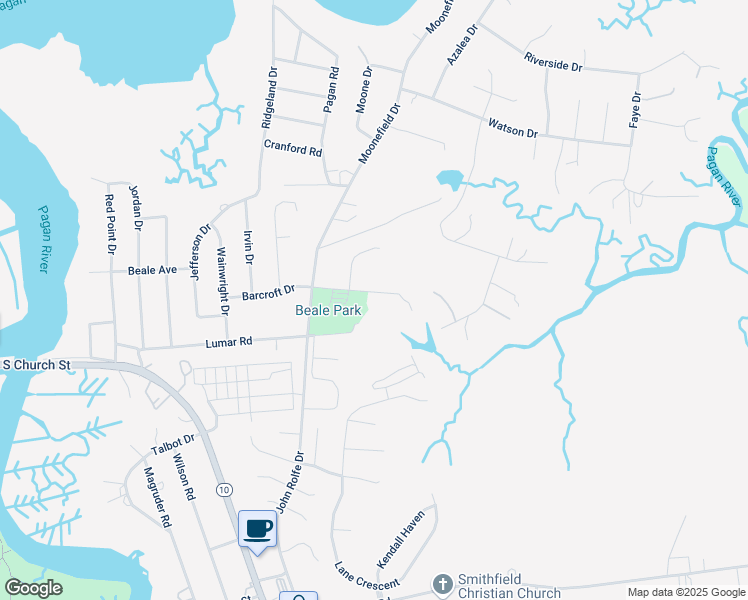 map of restaurants, bars, coffee shops, grocery stores, and more near 118 Barcroft Drive in Smithfield