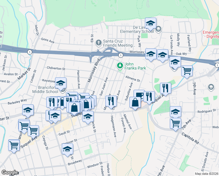 map of restaurants, bars, coffee shops, grocery stores, and more near 217 Marnell Avenue in Santa Cruz