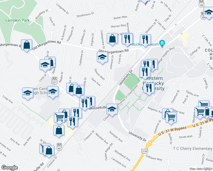 map of restaurants, bars, coffee shops, grocery stores, and more near 1713 Johnson Drive in Bowling Green