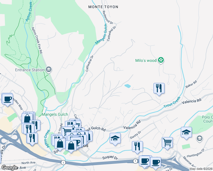 map of restaurants, bars, coffee shops, grocery stores, and more near 530 Quail Run Road in Aptos