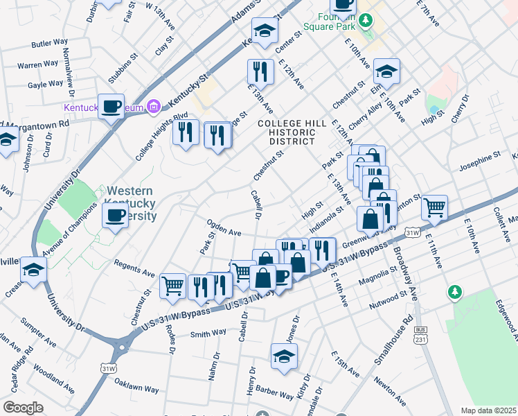 map of restaurants, bars, coffee shops, grocery stores, and more near 1500 Park Street in Bowling Green