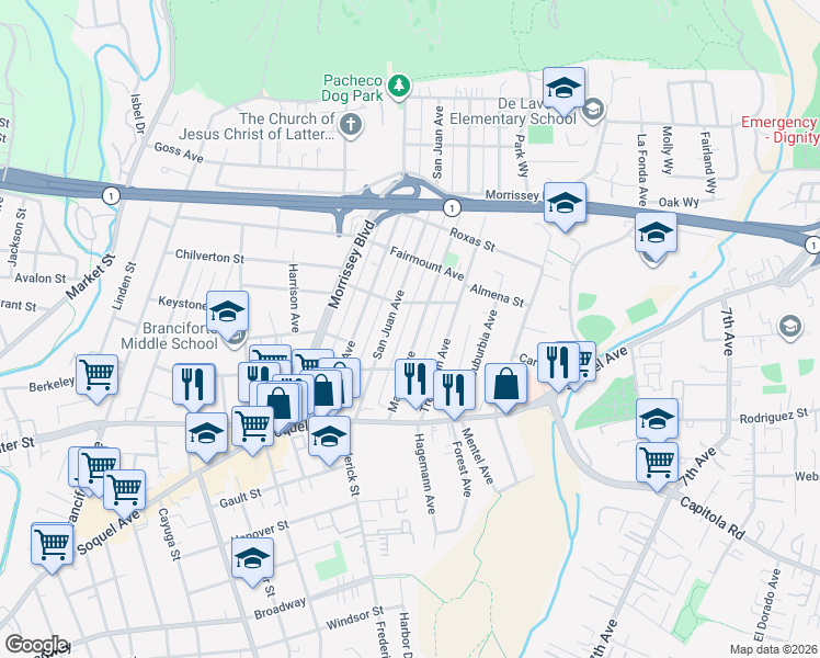 map of restaurants, bars, coffee shops, grocery stores, and more near 217 Marnell Avenue in Santa Cruz