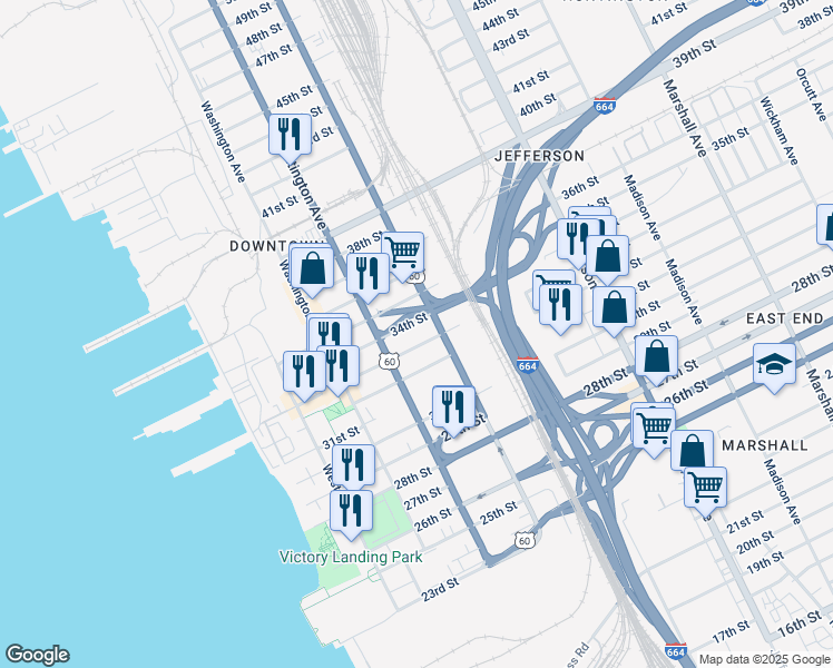 map of restaurants, bars, coffee shops, grocery stores, and more near 321 33rd Street in Newport News