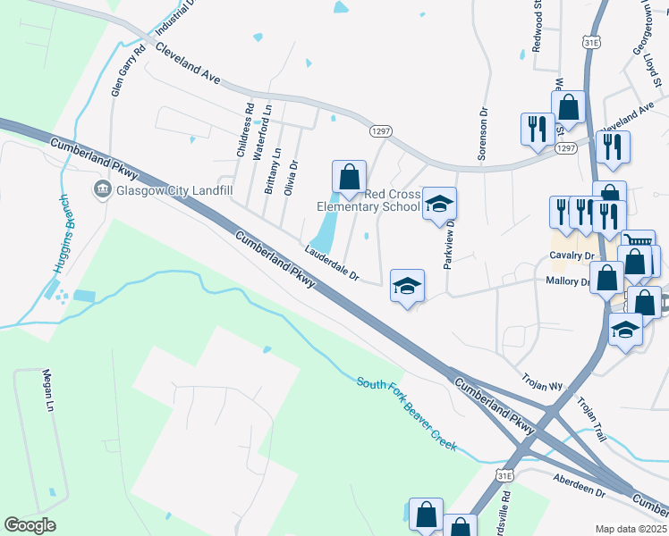 map of restaurants, bars, coffee shops, grocery stores, and more near 101-199 Lauderdale Drive in Glasgow