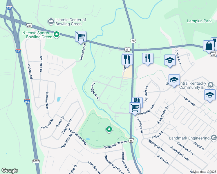 map of restaurants, bars, coffee shops, grocery stores, and more near 255 River Tanmer Way in Bowling Green
