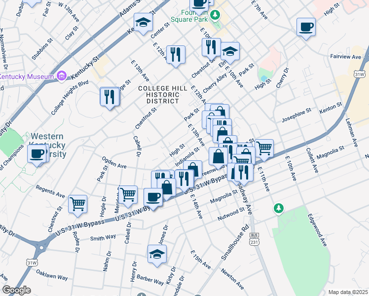 map of restaurants, bars, coffee shops, grocery stores, and more near 1342 High Street in Bowling Green