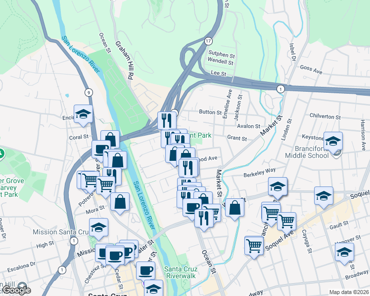 map of restaurants, bars, coffee shops, grocery stores, and more near 120 Coulson Avenue in Santa Cruz
