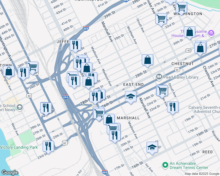 map of restaurants, bars, coffee shops, grocery stores, and more near 2803 Madison Avenue in Newport News
