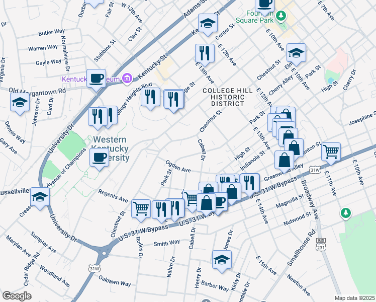 map of restaurants, bars, coffee shops, grocery stores, and more near 1500-1598 Park Street in Bowling Green