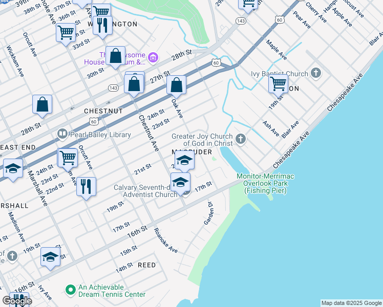 map of restaurants, bars, coffee shops, grocery stores, and more near 1235 20th Street in Newport News