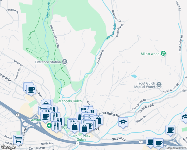 map of restaurants, bars, coffee shops, grocery stores, and more near 636 Cathedral Drive in Aptos