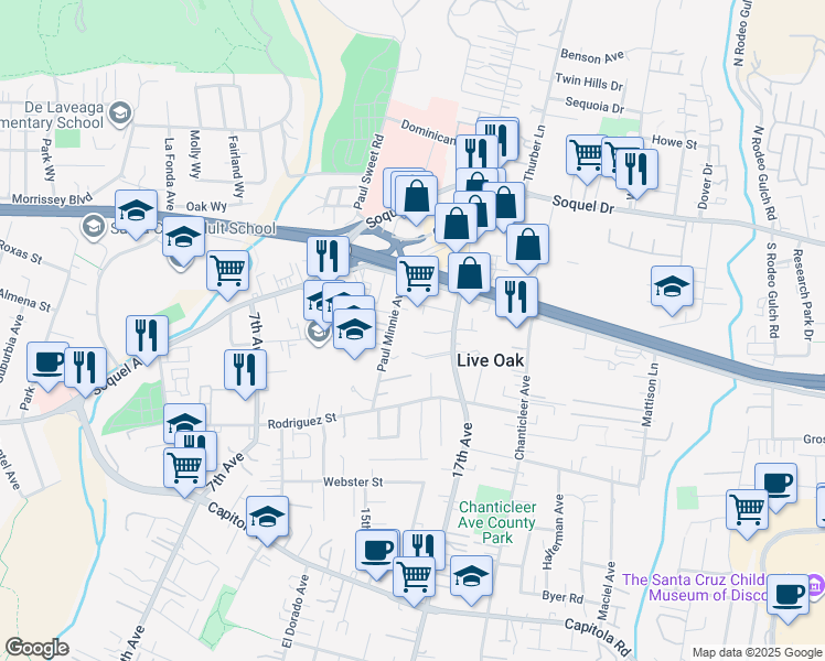 map of restaurants, bars, coffee shops, grocery stores, and more near 2345 17th Avenue in Santa Cruz