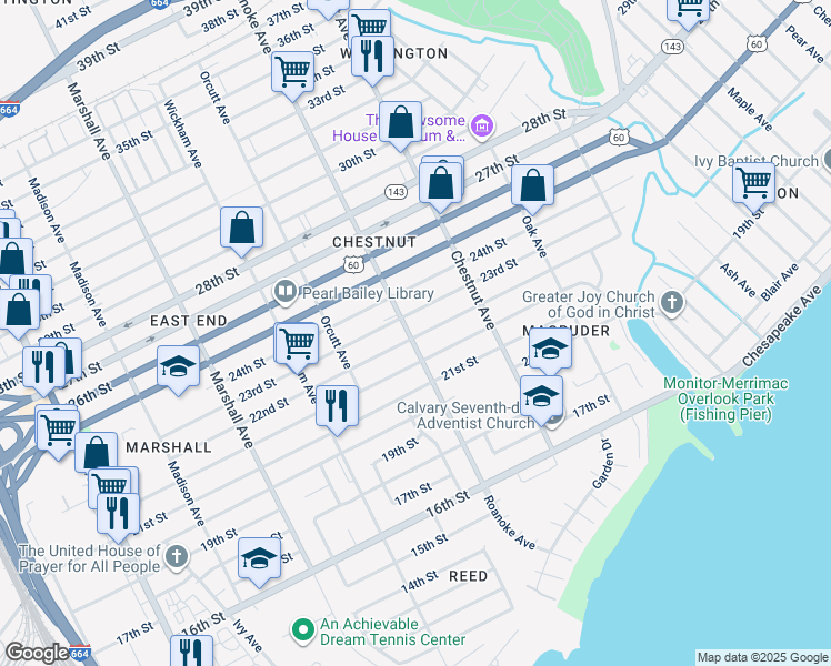 map of restaurants, bars, coffee shops, grocery stores, and more near 2200 Roanoke Avenue in Newport News