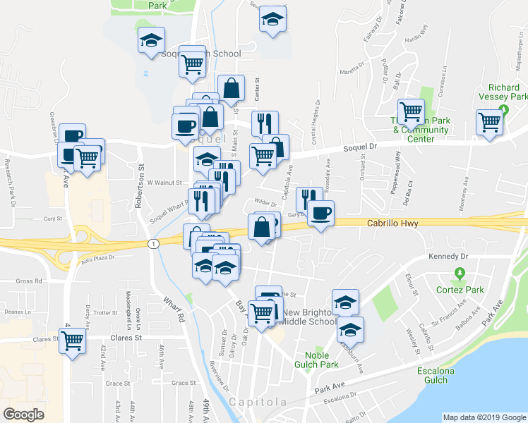 map of restaurants, bars, coffee shops, grocery stores, and more near 5070 Wilder Drive in Soquel