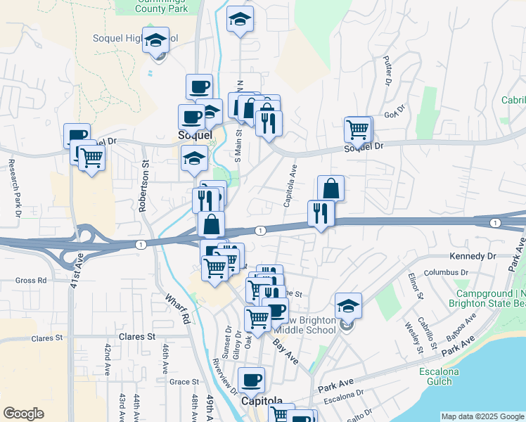 map of restaurants, bars, coffee shops, grocery stores, and more near 5070 Wilder Drive in Soquel