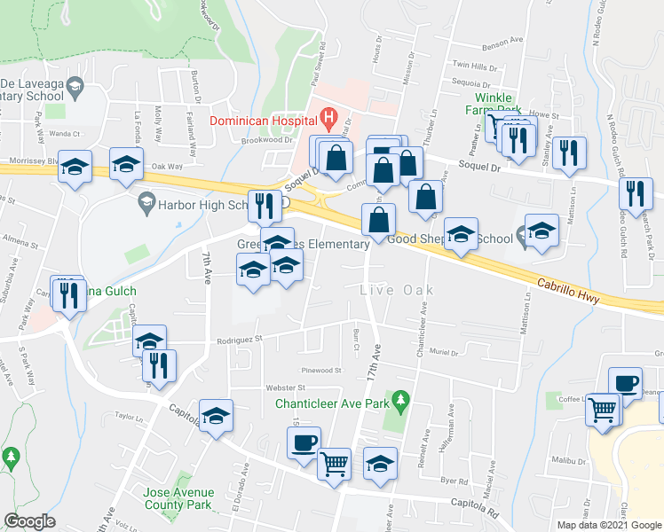 map of restaurants, bars, coffee shops, grocery stores, and more near 2345 17th Avenue in Santa Cruz