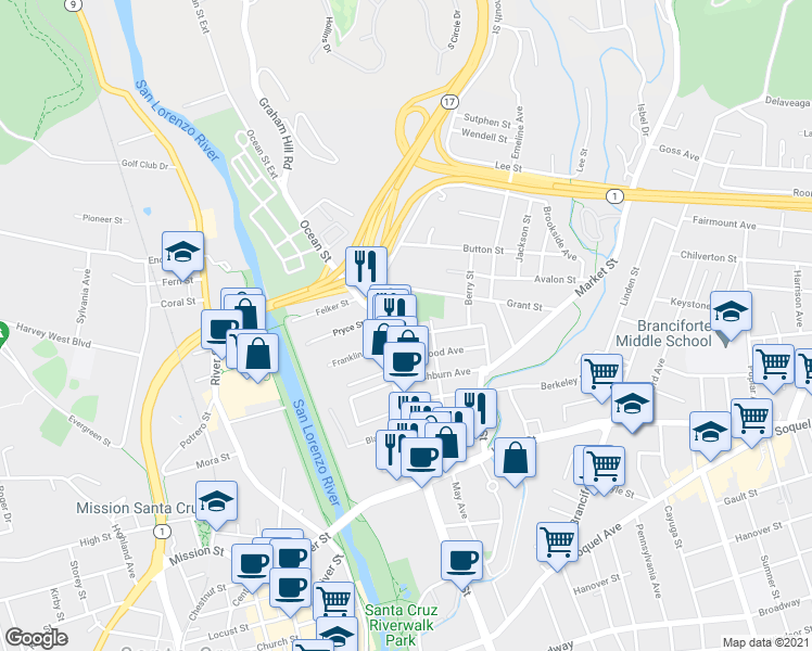 map of restaurants, bars, coffee shops, grocery stores, and more near 120 Coulson Avenue in Santa Cruz