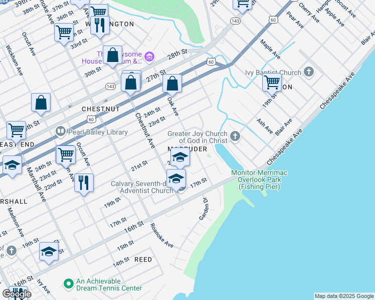 map of restaurants, bars, coffee shops, grocery stores, and more near 1235 20th Street in Newport News