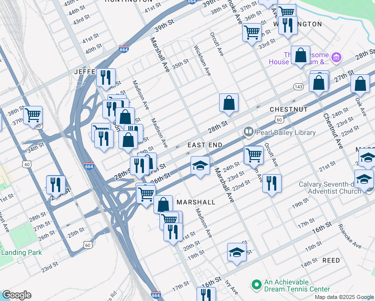 map of restaurants, bars, coffee shops, grocery stores, and more near 737 26th Street in Newport News