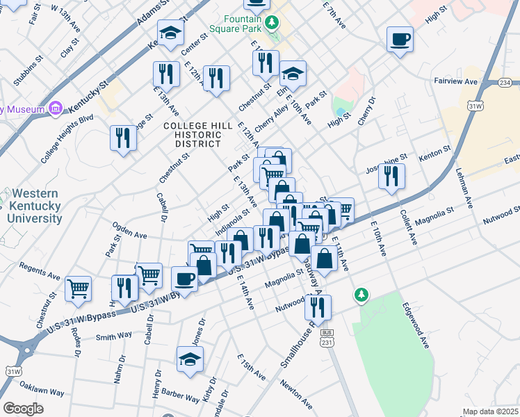 map of restaurants, bars, coffee shops, grocery stores, and more near 931 East 13th Avenue in Bowling Green