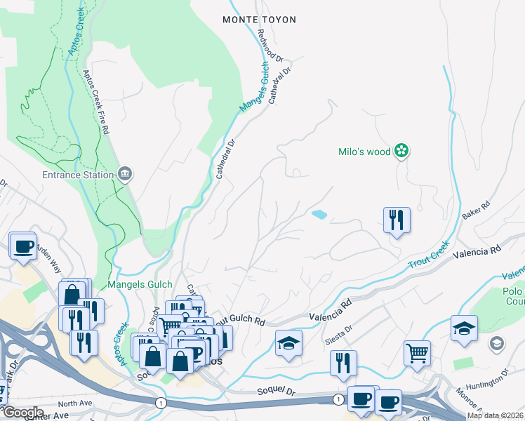 map of restaurants, bars, coffee shops, grocery stores, and more near 510 Quail Run Road in Aptos