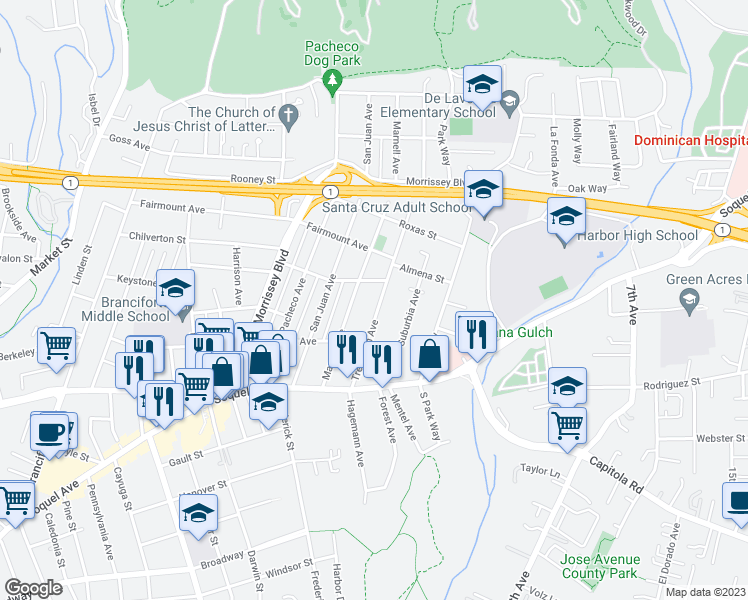 map of restaurants, bars, coffee shops, grocery stores, and more near 241 Trevethan Avenue in Santa Cruz