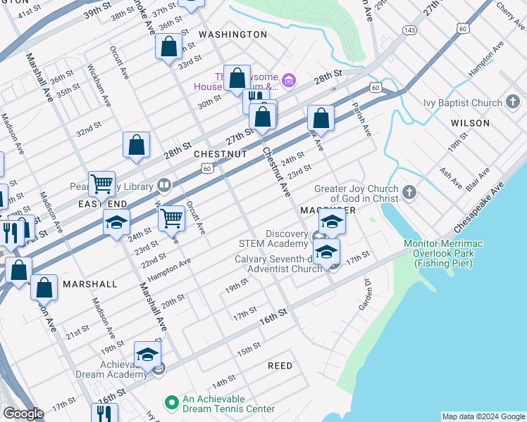 map of restaurants, bars, coffee shops, grocery stores, and more near 1124 22nd Street in Newport News