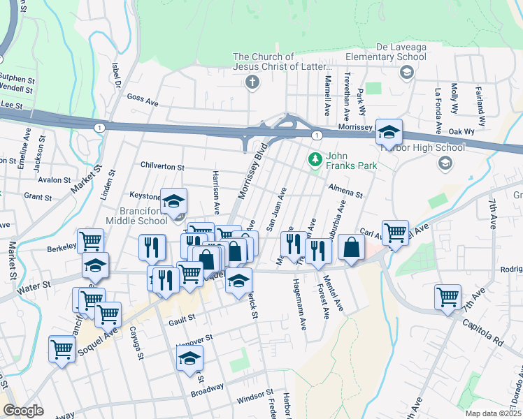 map of restaurants, bars, coffee shops, grocery stores, and more near 318 Pacheco Avenue in Santa Cruz