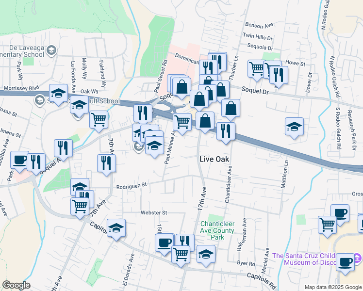 map of restaurants, bars, coffee shops, grocery stores, and more near 210 Vista Prieta Court in Santa Cruz