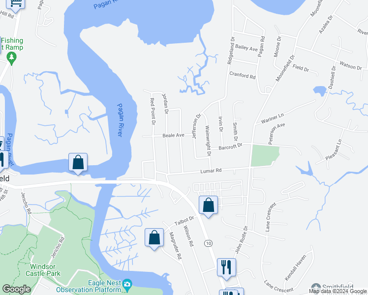 map of restaurants, bars, coffee shops, grocery stores, and more near 214 Edgewood Drive in Smithfield