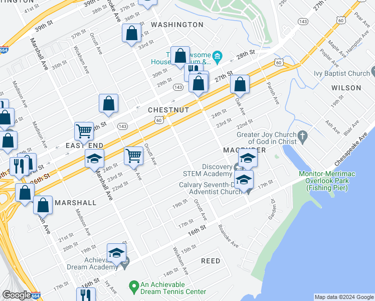 map of restaurants, bars, coffee shops, grocery stores, and more near 2200 Roanoke Avenue in Newport News