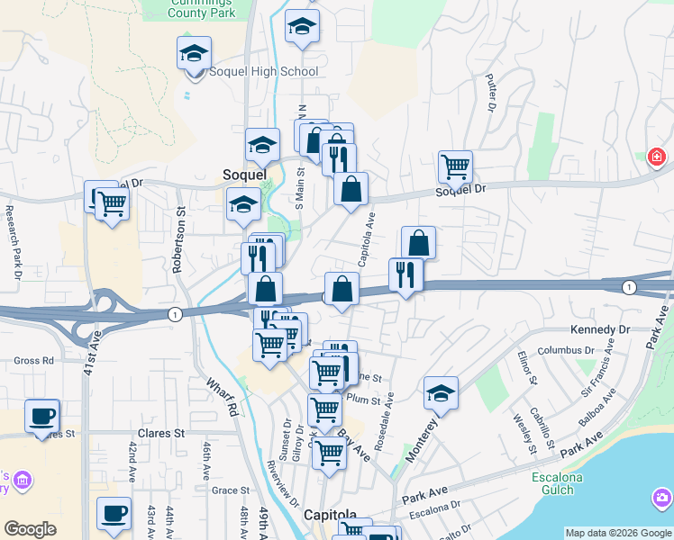 map of restaurants, bars, coffee shops, grocery stores, and more near 5085 Wilder Drive in Soquel