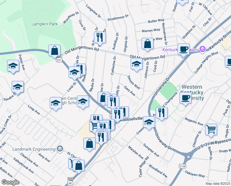 map of restaurants, bars, coffee shops, grocery stores, and more near 1741 Holly Drive in Bowling Green