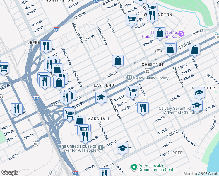 map of restaurants, bars, coffee shops, grocery stores, and more near 819 26th Street in Newport News