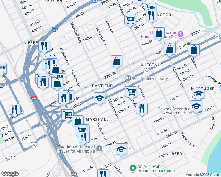 map of restaurants, bars, coffee shops, grocery stores, and more near 819 26th Street in Newport News