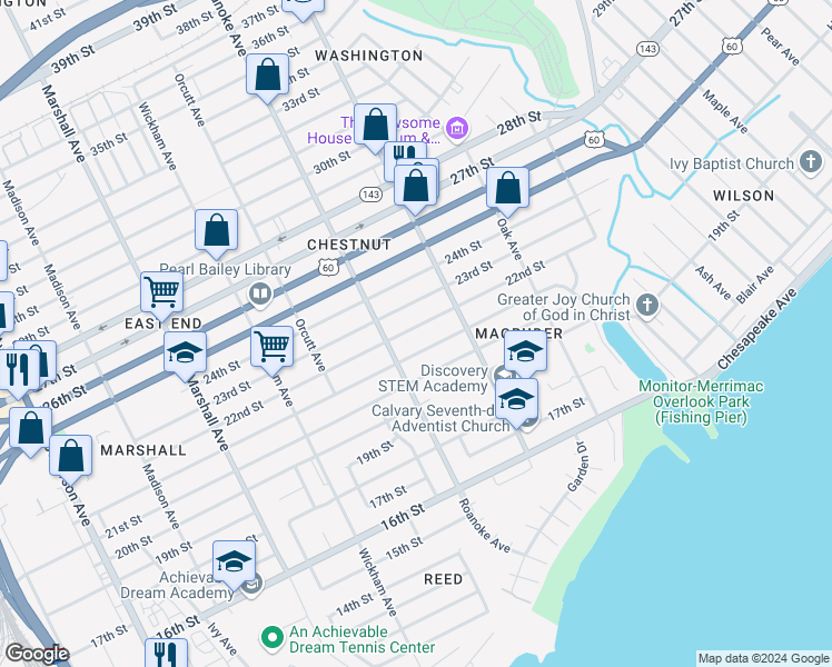 map of restaurants, bars, coffee shops, grocery stores, and more near 1124 22nd Street in Newport News
