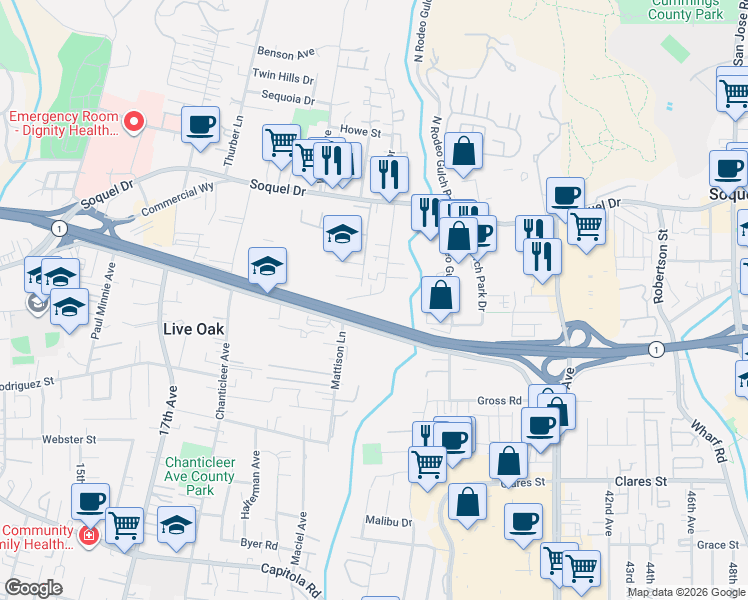 map of restaurants, bars, coffee shops, grocery stores, and more near 2750 Mattison Lane in Santa Cruz