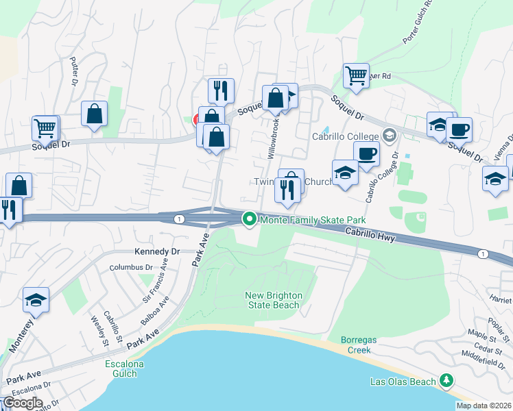 map of restaurants, bars, coffee shops, grocery stores, and more near 2601 Willowbrook Lane in Aptos