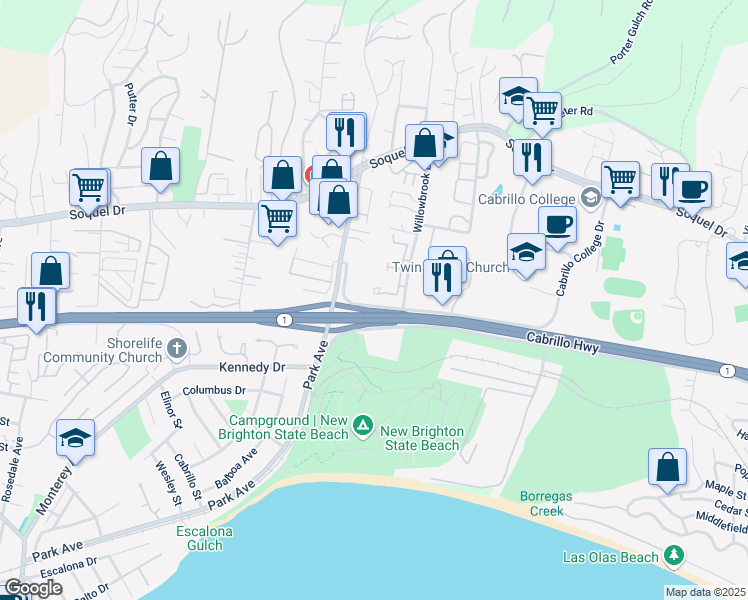 map of restaurants, bars, coffee shops, grocery stores, and more near 2601 Willowbrook Lane in Aptos