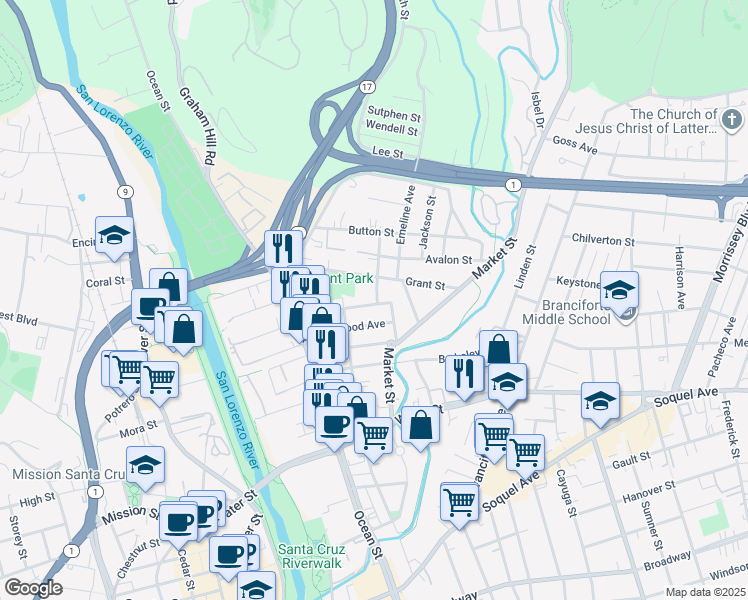 map of restaurants, bars, coffee shops, grocery stores, and more near 212 Coulson Avenue in Santa Cruz