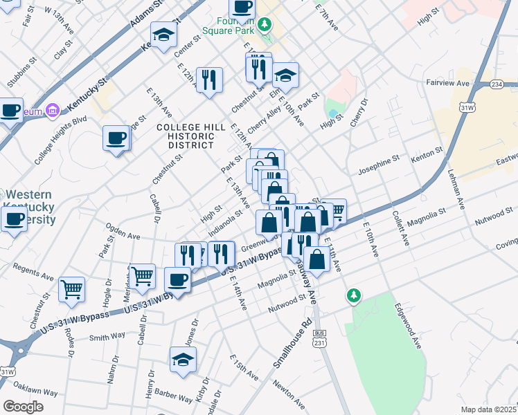 map of restaurants, bars, coffee shops, grocery stores, and more near 931 East 13th Avenue in Bowling Green