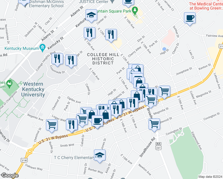 map of restaurants, bars, coffee shops, grocery stores, and more near 1376 High Street in Bowling Green