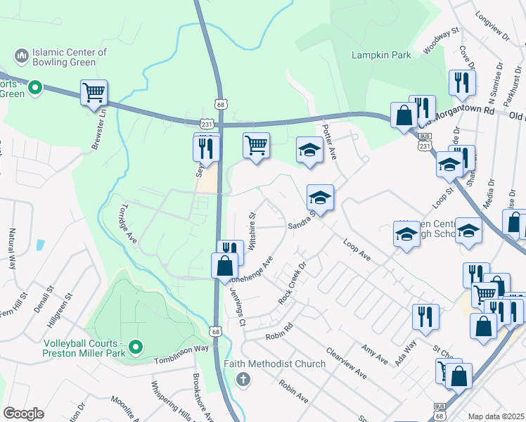 map of restaurants, bars, coffee shops, grocery stores, and more near 2059 Salisbury Drive in Bowling Green