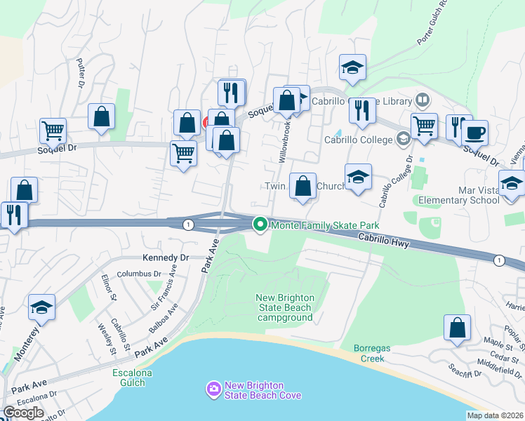 map of restaurants, bars, coffee shops, grocery stores, and more near 2601 Willowbrook Lane in Aptos
