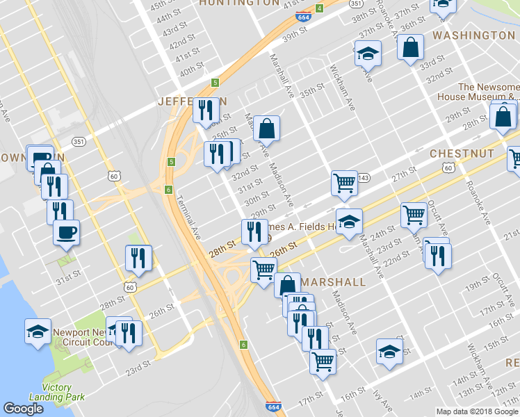 map of restaurants, bars, coffee shops, grocery stores, and more near 625 29th Street in Newport News